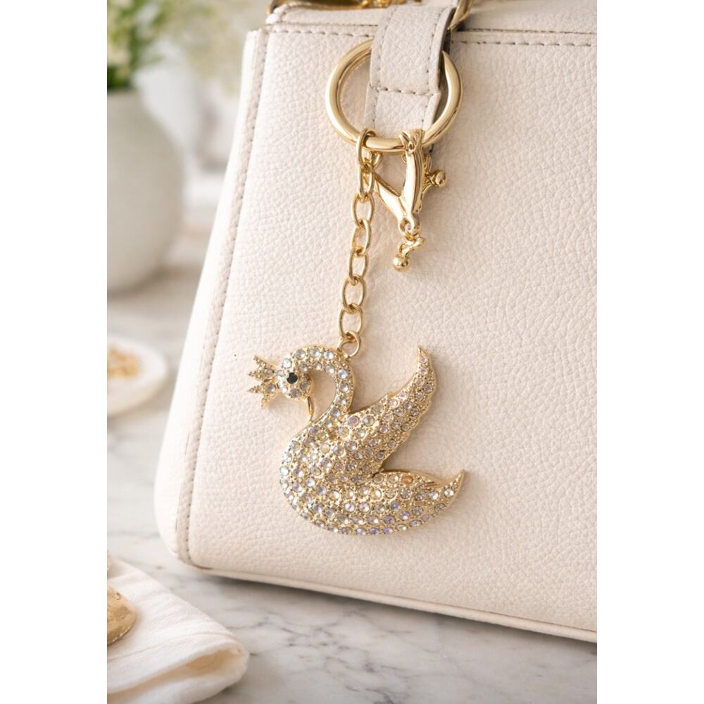 Gold Iridescent Rhinestone Swan Bag Charm Key Chain New